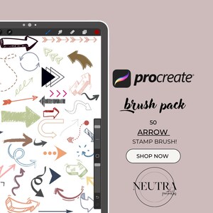 Puede incluir: Una ilustración digital de 50 pinceles de sello de flecha dibujados a mano para Procreate. Los pinceles se muestran en la pantalla de una tableta con un lápiz óptico. El texto "50 ARROW STAMP BRUSH!" y "SHOP NOW" también es visible.