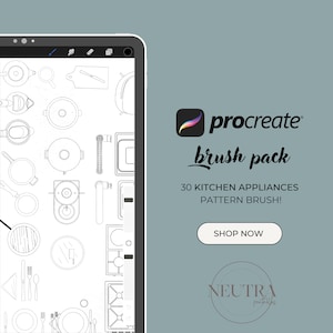 Puede incluir: Una ilustración digital de 30 pinceles de patrones de electrodomésticos de cocina para Procreate. La imagen muestra la pantalla de una tableta con una variedad de electrodomésticos de cocina dibujados en blanco y negro. El texto "procreate brush pack" y "30 KITCHEN APPLIANCES PATTERN BRUSH!" se muestra en el lado derecho de la imagen. El texto "SHOP NOW" se muestra en un botón debajo del texto.