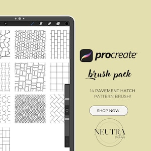 Op de afbeelding: Een digitale illustratie van 14 verschillende bestratingsschaduwpatronen voor Procreate. Het penseelpakket heet "Neutra Printables" en bevat een verscheidenheid aan texturen, waaronder baksteen-, kasseien- en rasterpatronen. De afbeelding bevat ook de tekst "Procreate brush pack" en "Shop Now".