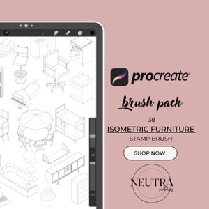 Peut inclure: Une illustration numérique d'un pack de pinceaux Procreate comprenant 38 tampons de meubles isométriques. L'image montre une variété d'articles de mobilier, y compris des chaises, des tables, des lits et des appareils électroménagers, tous dessinés dans un style simple et propre. Le texte "Procreate brush pack" et "38 ISOMETRIC FURNITURE STAMP BRUSH!" est affiché sur l'image. Le texte "SHOP NOW" est affiché sur un bouton.