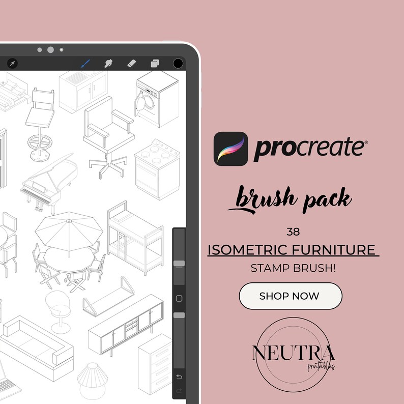 isometric furniture procreate stamp brushes for 3d architectural drawings in toffu.co style