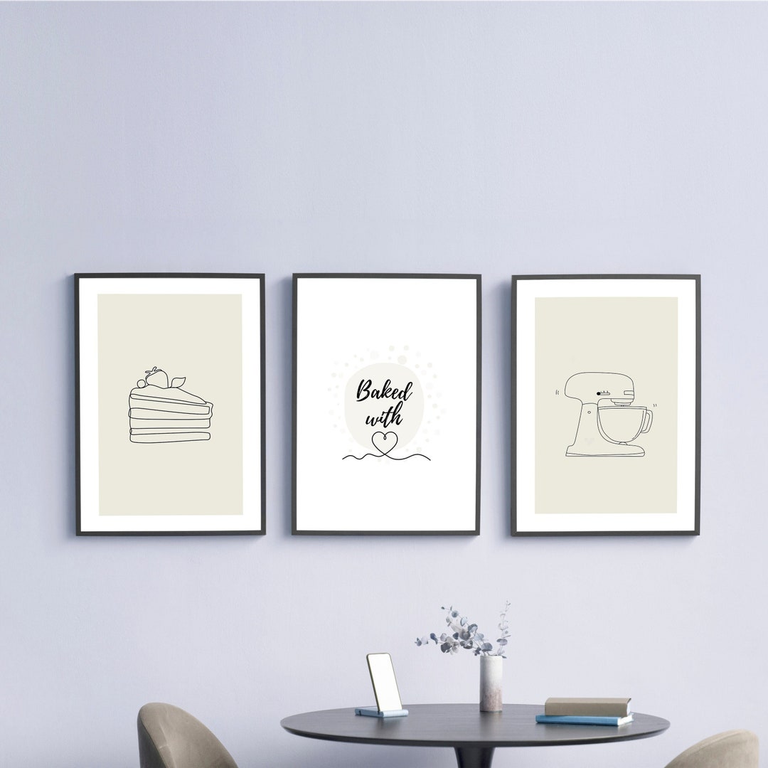 abstract kitchen art prints: modern line drawing set... Minimalist Kitchen Line Art Print Set: Bakery Theme (digital Download ...