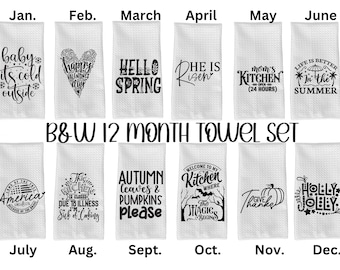 12 Month Black and White Holiday Kitchen Towel Set