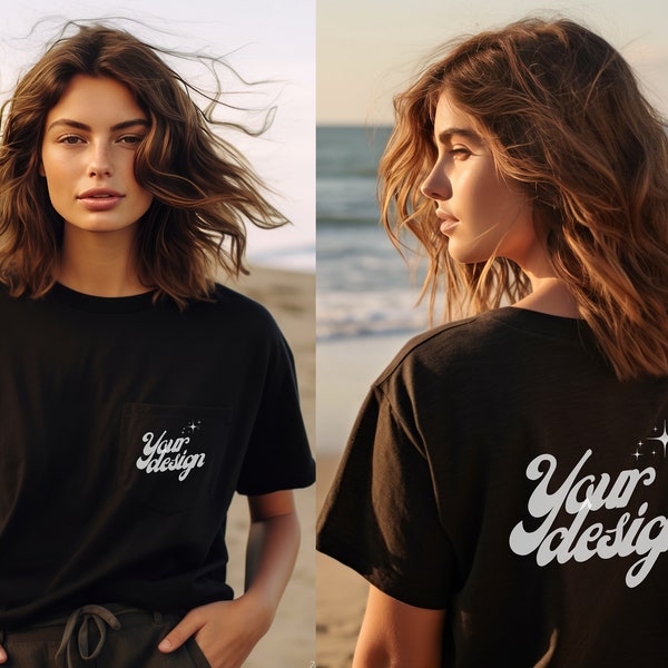 Black Comfort Colors 6030 Pocket T-Shirt Mockup | Blackl T Shirt Mock Up | TShirt Mockup | Front Back Mockup 6030| Backside Mockup