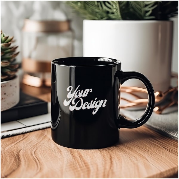 Black Coffee Cup Mug Mockup | Mug Photo Graphic Design Mock Up | Minimalist Mock Up | Black Mug Mockup Colored Background | Blank Black Mug