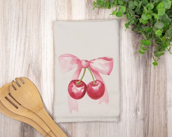 Coquette Aesthetic Pink Bow and Cherries Hostess Towel Gift (Single)