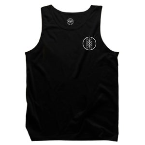 May include: Black tank top with a white circle logo featuring a geometric design.