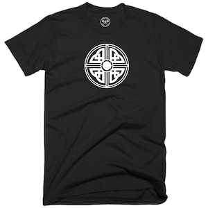 May include: Black t-shirt featuring a white Celtic knot design. The knot is a circular design with four points.