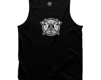 Axes Helmet Shield Vest Vikings Clothing Victory Or Valhalla Pagan Warrior Valknut Loki Thor Odin Northmen Nordic Norse Gift Men Tank Top