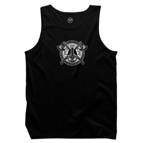 Axes Helmet Shield Vest Vikings Clothing Victory Or Valhalla Pagan Warrior Valknut Loki Thor Odin Northmen Nordic Norse Gift Men Tank Top