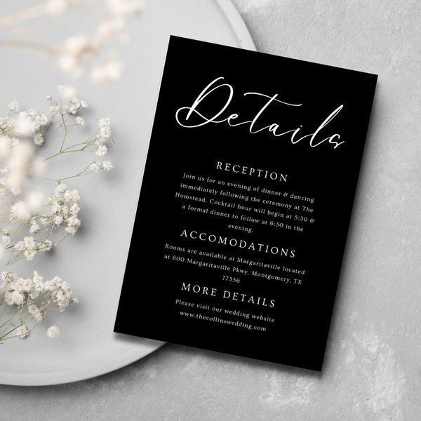 Contemporary Detail Card Template Download | Modern Wedding | Classic Wedding | Black and White | Minimal Wedding | Sleek Detail Card