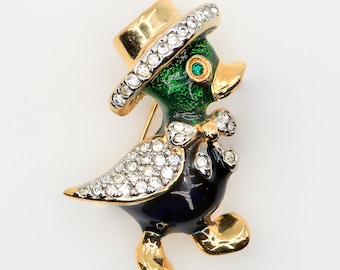 Vintage Puccini Green and Blue Enamel Rhinestones Duck and Hat Figural Brooch 1970s