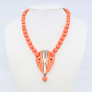Vintage Art Deco Light Pink Celluloid Beads and Shield Statement Necklace 1930s