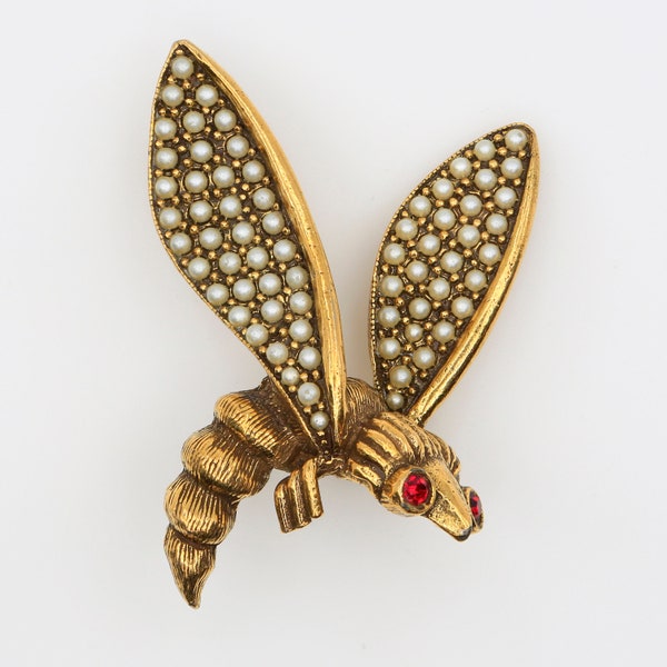 Vintage Jeanne Flying Bee Wasp Kunstperle und Strass Goldfarbene Brosche 1960er Jahre