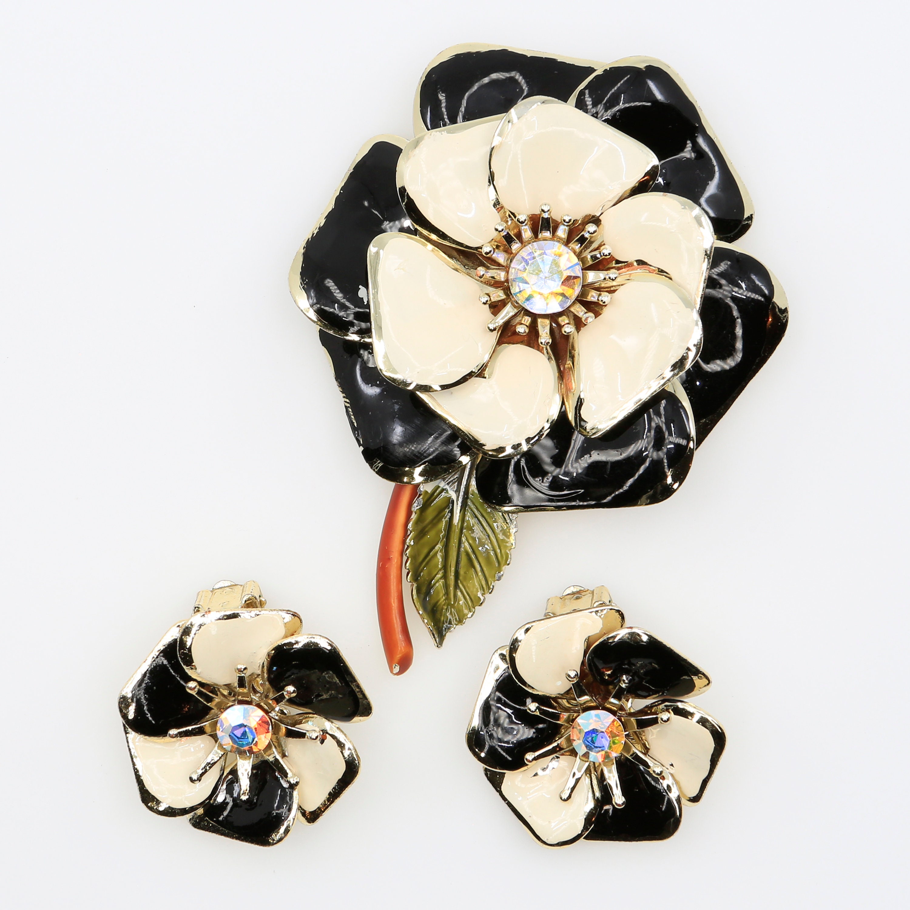 Demi-parure Vintage Années 60 – Clips Et Broche En Laiton Doré Avec Strass – Occasion