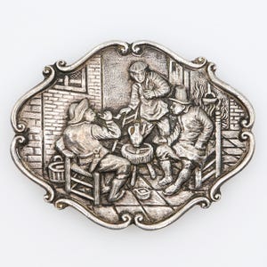 Victorian Holland Repoussé Tavern Scene Brooch Dutch Silver Tone Folk Art Pin