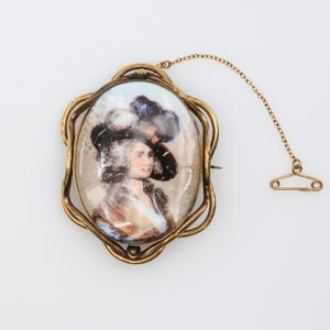 Antique Victorian Lady With Plumed Hat Transferware Porcelain Brooch Early 1900s