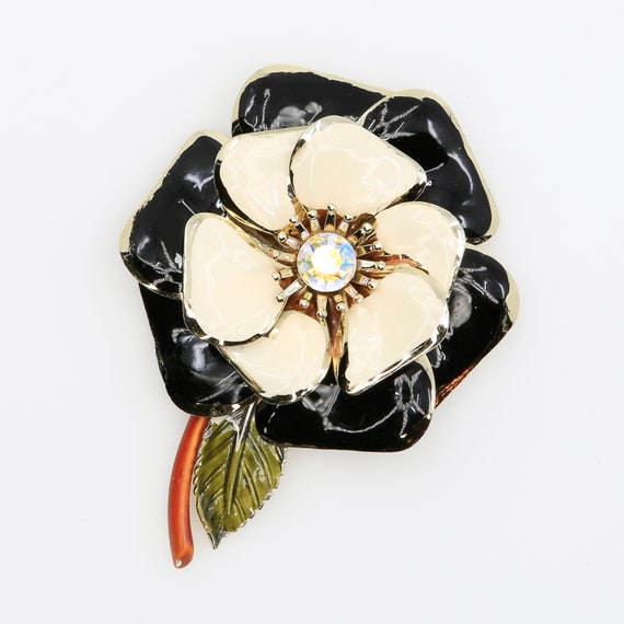 Vintage Black & White Enamel Flower Brooch and Cl… - image 2