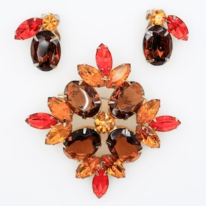 Vintage UV Glow Autumn Tones Rhinestone Brooch and Clip On Earrings Set 1960s