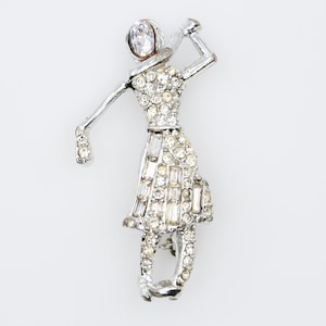 Vintage Lady Golfer With Club Silver Tone and Crystal Rhinestones Brooch 1950s