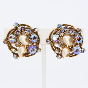 Vintage Florenza Baby Tooth Pearl and AB Rhinestone Clip-On Earrings 1960s