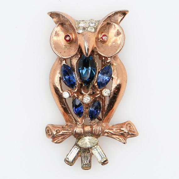 Vintage Adolph Katz Coro Craft Sterling Owl Rhinestone Fur Clip 1940s