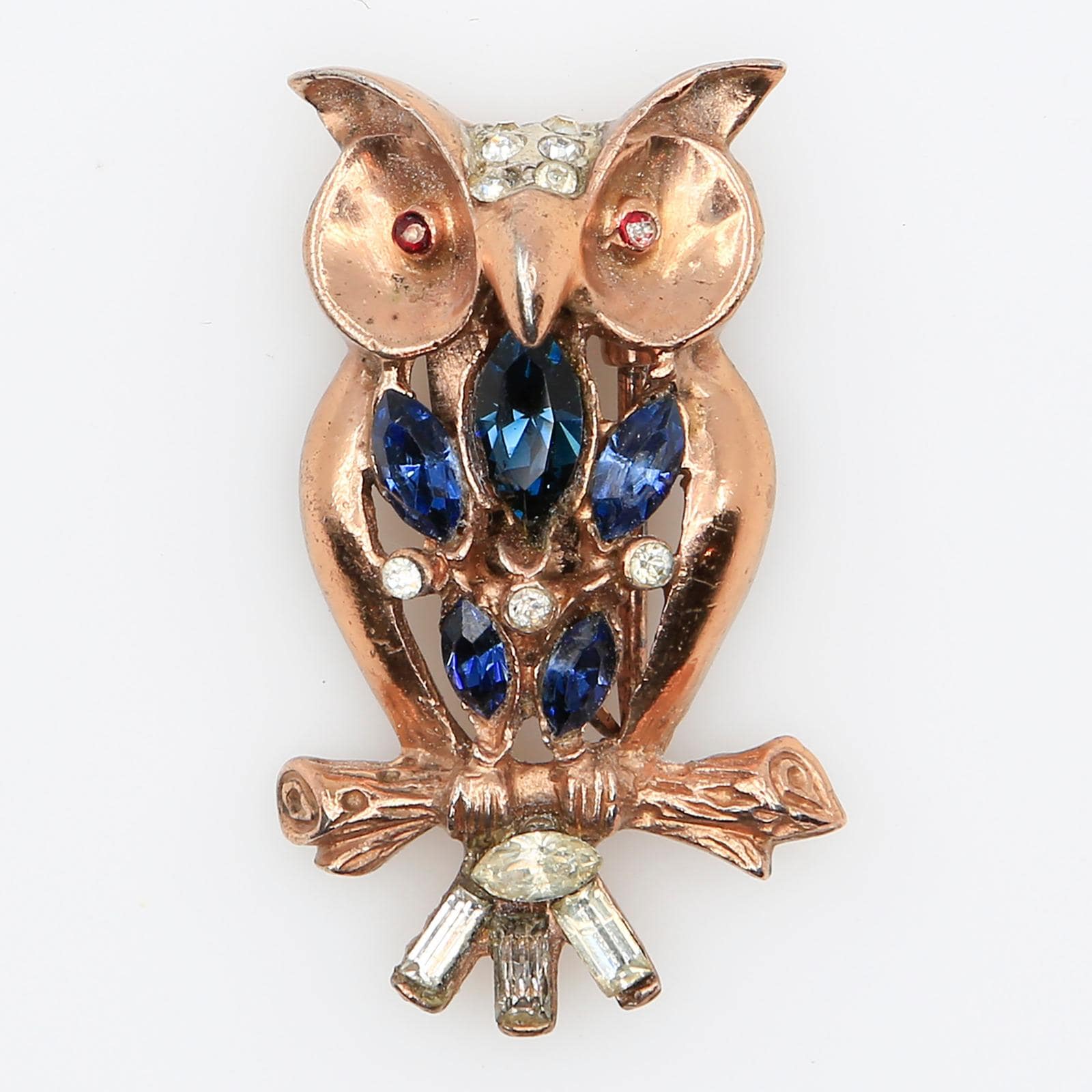 Vintage Adolph Katz Coro Craft Sterling Owl Rhinestone Fur Clip 1940s