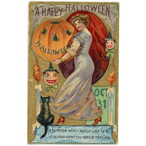 Stara pocztówka na Halloween, dziewczyna Gibsona z czarnym kotem JOL Grinning Ghouls 1910