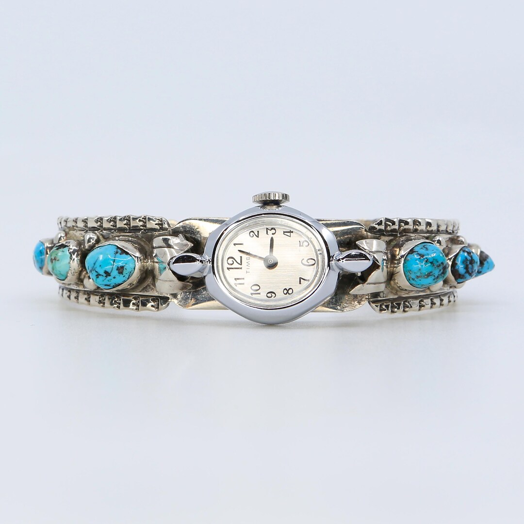 Vintage Navajo Sterling Silver With Turquoise Timex Watch Cuff Bracelet ...