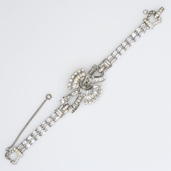 Vintage Mazer Bros Art Moderne Clear Rhinestone Baguette Knot Bracelet 1940s
