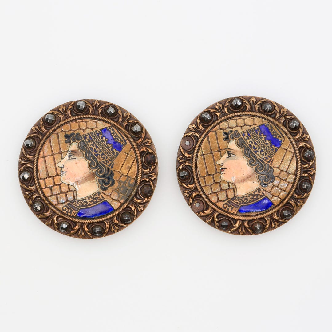 Antique Champleve Renaissance Man’s Head Enamel and Brass Large Buttons ...