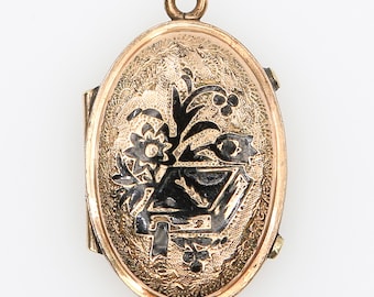 Antique Victorian Gold Filled Taille d’Epargne Enamel Book Flower Locket 1880s