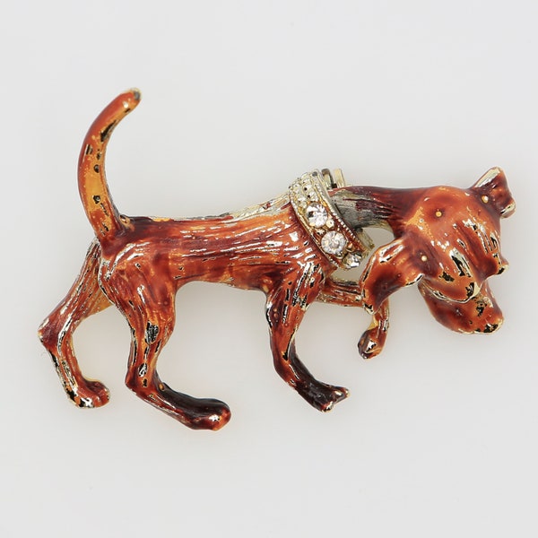 Vintage Head Trembler Dog With Rhinestone Collar Enameled Figural Brooch 1950s