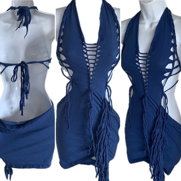 Blue backless retro slit weave fringe halter micro mini dress