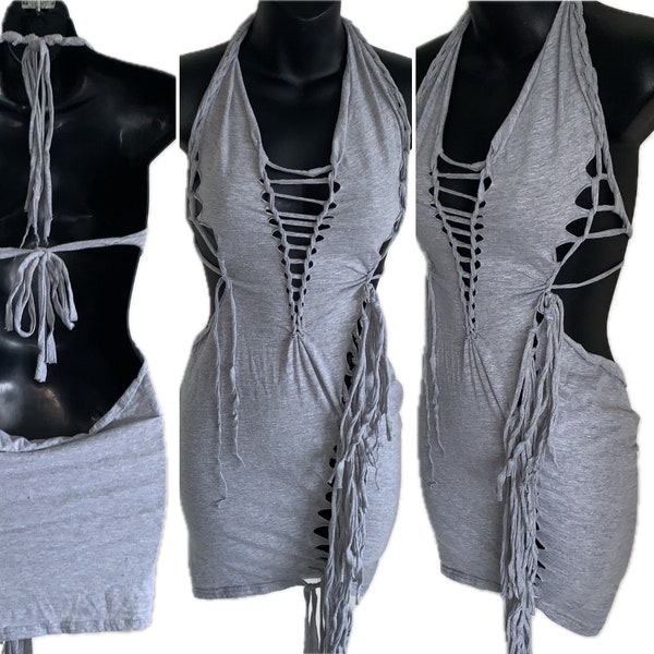 Light gray backless retro slit weave fringe halter micro mini dress