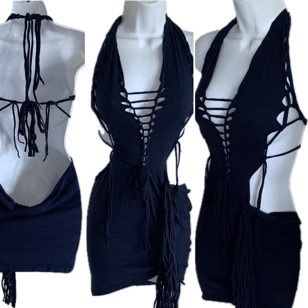 Navy blue backless retro slit weave fringe halter micro mini dress