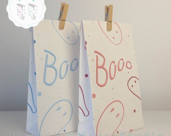 Printable Halloween paper bag for favors and gifts, treat bag, trick or treat, "Boo" cute ghost bag, pink and blue, paper bag #1