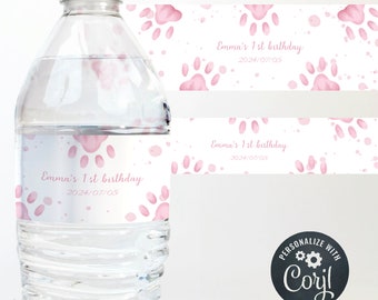 Editable water bottle label, kids birthday party decor with cute pink cat paws and a watercolor background, CNS0090