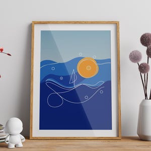 Segelboot One Line Kunst Poster Druck: Serene Sea Design, durchgehender Strich. Elegantes und minimalistisches nautisches Wandkunstgeschenk. One-line-Schlichtheit