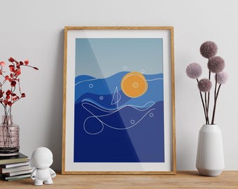 Sailboat One Line Art Poster Print: Serene Sea design, continuous stroke. Elegant and Minimalist nautical wall art gift. One-line simplicity