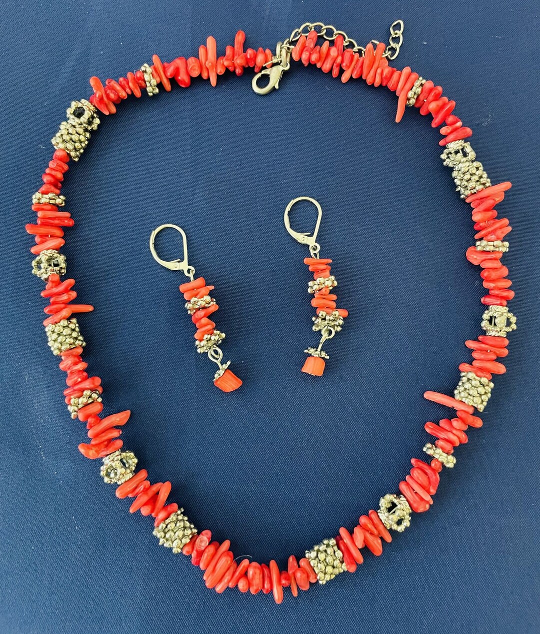 Coral and Silver Bead Necklace and Earring Set Etsy