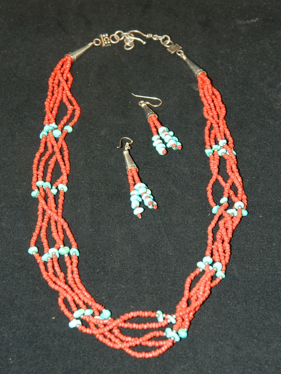 Coral and Turquoise Necklace and Earrings Set - image 1