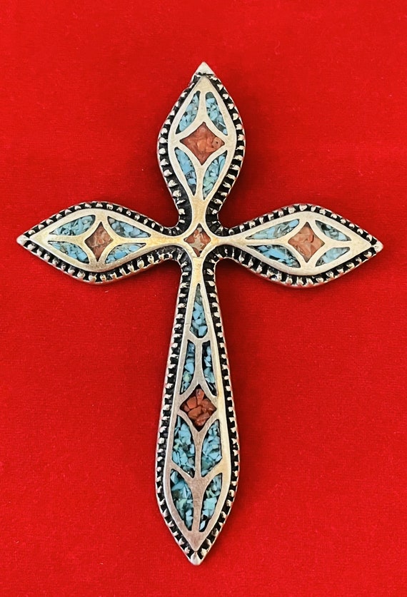 Turquoise and Coral Inlaid Cross Pendant