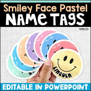 May include: A hand displays a selection of pastel-coloured name tags. Each tag has a smiley face design with a black smile and eyes. The tags are in shades of yellow, pink, blue, purple, and peach. The text "Smiley Face Pastel NAME TAGS" is at the top.