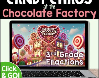 Puede incluir: Una pantalla de computadora portátil que muestra un juego de escape digital para estudiantes de 3er grado. El juego está ambientado en una fábrica de dulces y presenta una ilustración colorida de una casa de jengibre con bastones de caramelo y piruletas. El texto en la pantalla dice "Candy Chaos at the Chocolate Factory" y "3rd Grade Fractions".