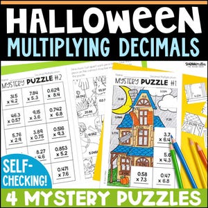 May include: Educational math activity sheets titled Halloween Multiplying Decimals featuring four mystery puzzles. The pages include grids with decimal multiplication problems and a completed puzzle showing a colored haunted house illustration.