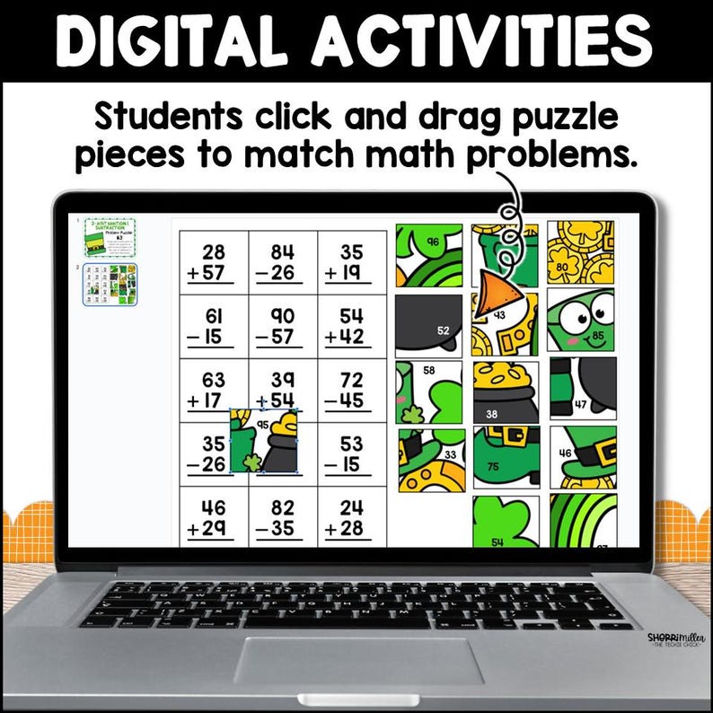 St. Patrick's Day 2-Digit Addition and Subtraction Mystery Picture Puzzles, 2nd Grade Digital & Printable Fun Math Worksheets for Kids image 3