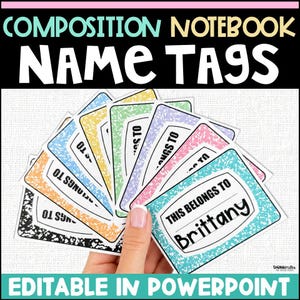 May include: A set of rectangular name tags featuring a composition notebook pattern in various colors including teal, pink, purple, green, yellow, orange, and black. Each tag has a white center with the printed text This belongs to.