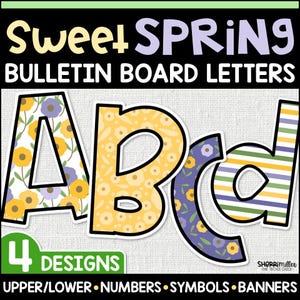 Letras para tablón de anuncios con flores de primavera, ideas para tablones de anuncios de abril, decoraciones de aula de primavera, letras florales imprimibles de mayo y decoración de puertas.