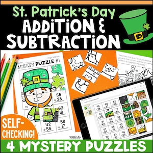 St. Patrick's Day 2-Digit Addition and Subtraction Mystery Picture Puzzles 2nd Grade Digital & Printable Fun Math Worksheets for Kids